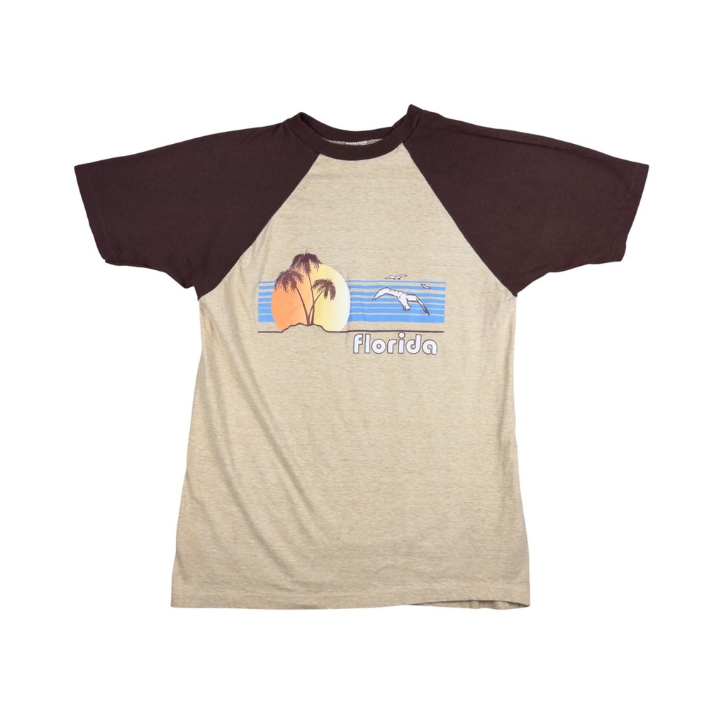 Vtg 70s Mayo Spruce Florida Raglan T-Shirt L Fits S Sunset Beach Flocked USA